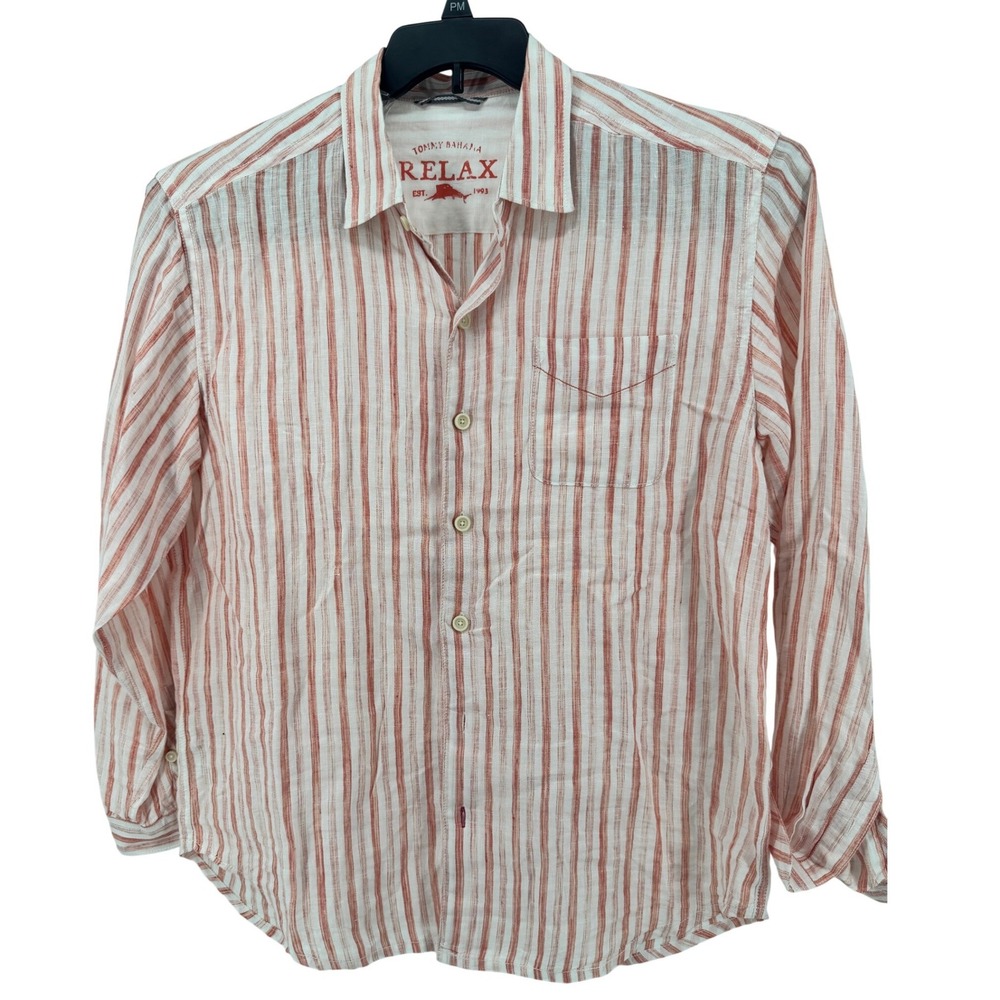 Tommy Bahama Relax Linen Shirt Mens Large Orange White Striped Coastal